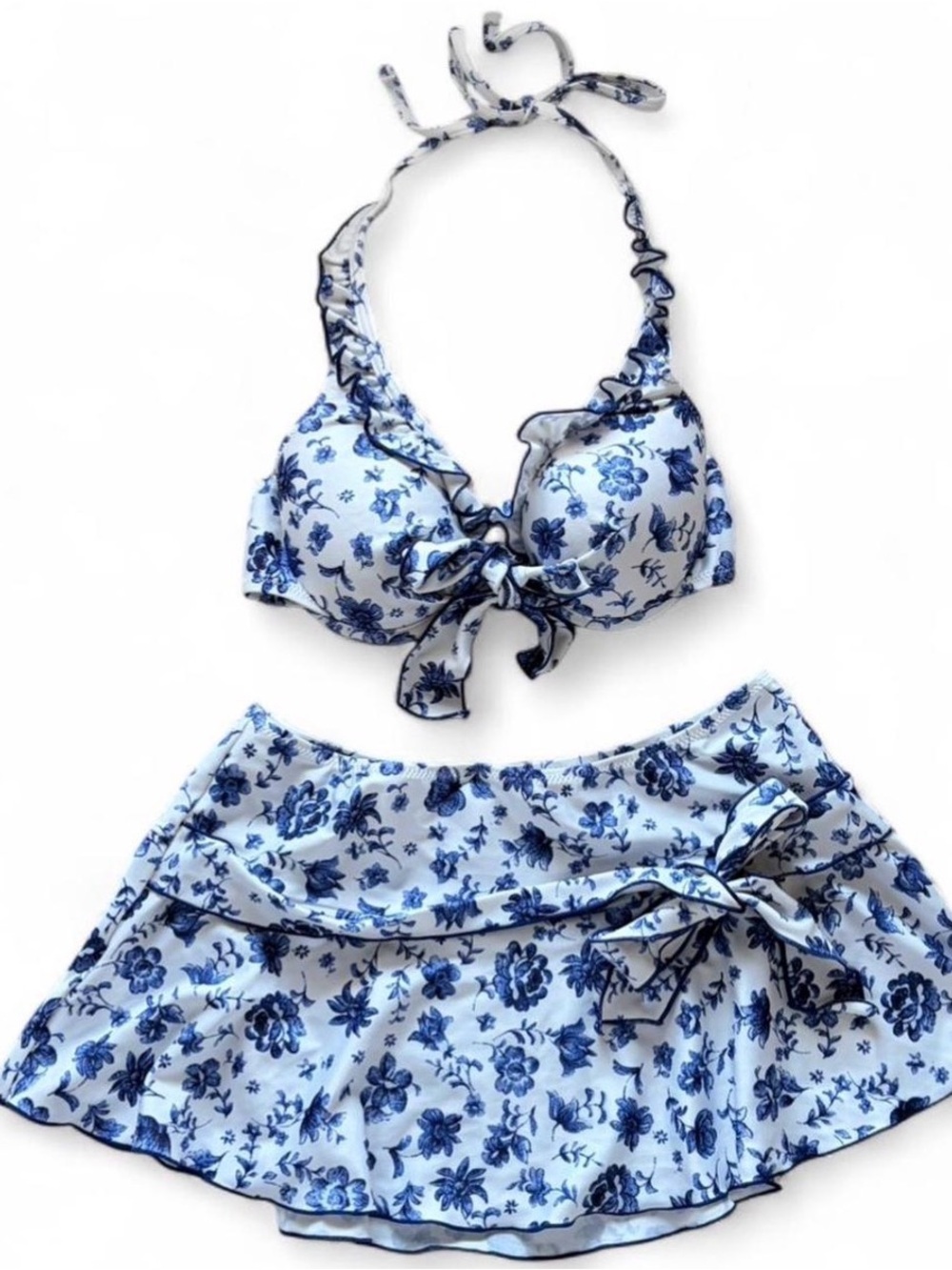 Blue Floral Bikini Set with Skirt